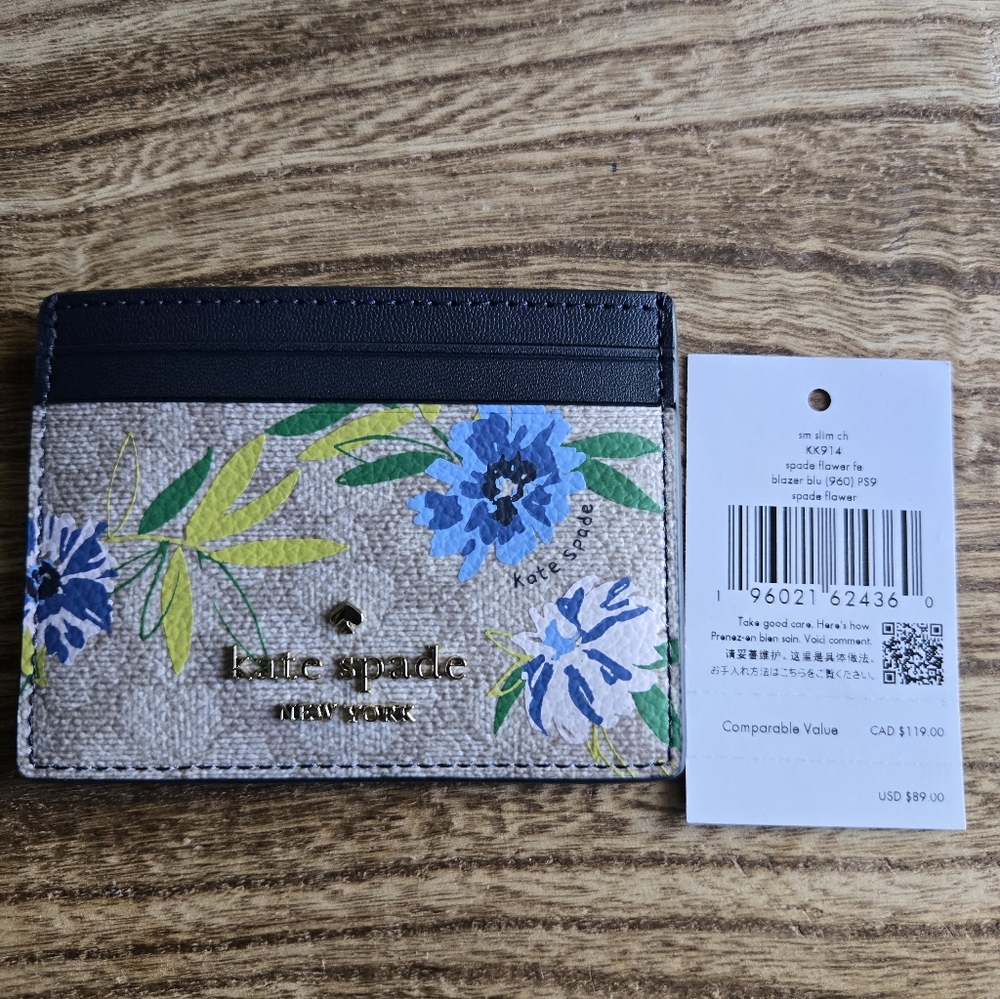 Kate Spade Spade Flower Floral Small Slim Card Holder in the "Blazer Blue Multi"